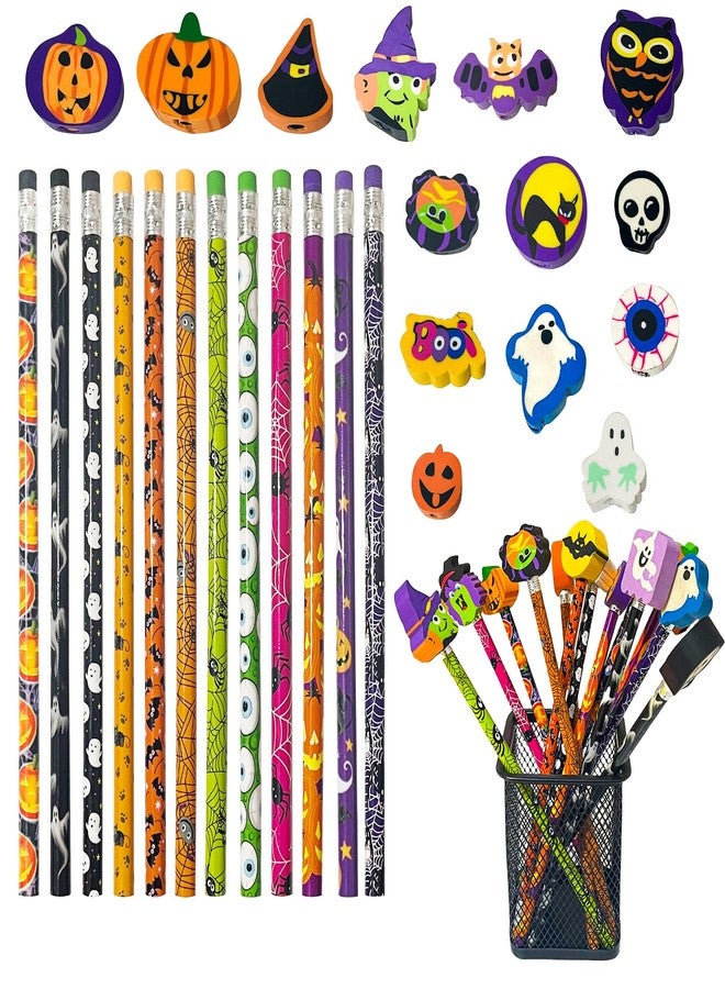 JXITON 24pcs Halloween Pencils with Eraser Toppers Ghost Pumpkin Wooden Pencils for Halloween Goodie Bag Fillers Supply - Image 1