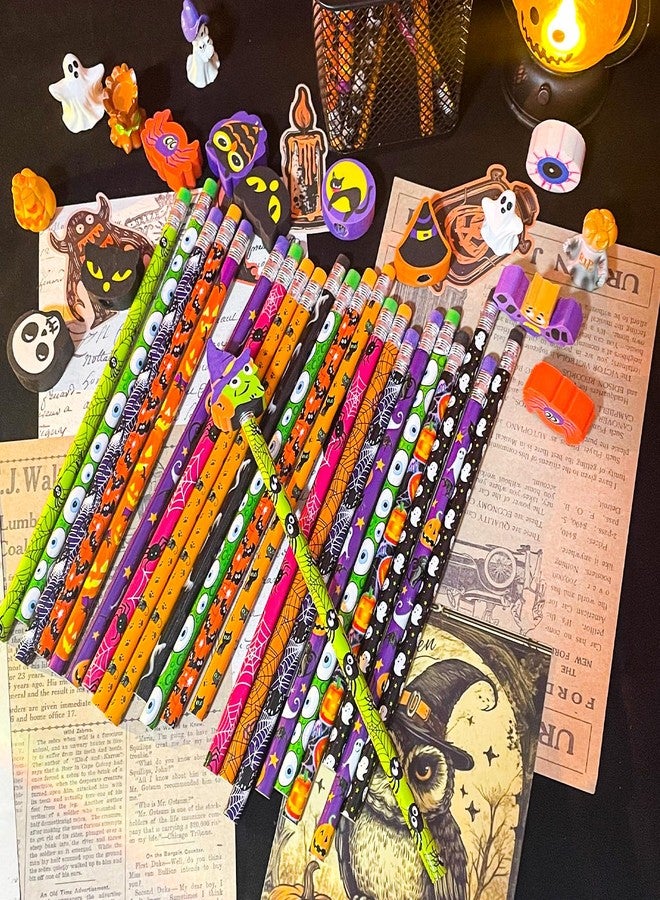 JXITON 24pcs Halloween Pencils with Eraser Toppers Ghost Pumpkin Wooden Pencils for Halloween Goodie Bag Fillers Supply - Image 3