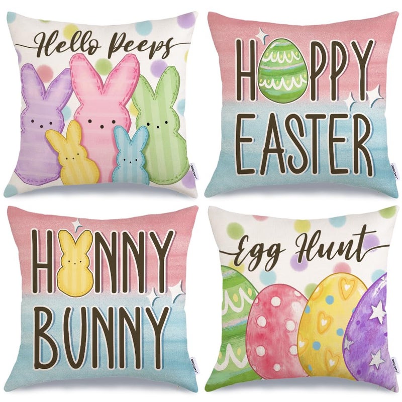 GEEORY Happy Easter Eggs Hello Peeps Throw Pillow Covers 18x18 Inch Set of 4, Hunny Bunny Polka Dots Spring Decorative Farmhouse Holiday Cushion Case for Home Decoration G687-18 - Image 1