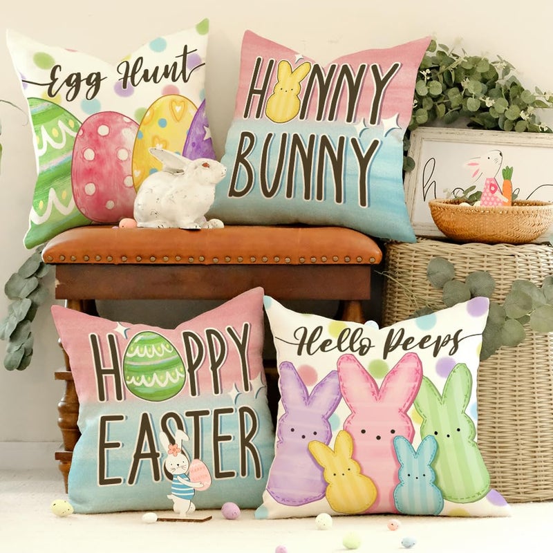 GEEORY Happy Easter Eggs Hello Peeps Throw Pillow Covers 18x18 Inch Set of 4, Hunny Bunny Polka Dots Spring Decorative Farmhouse Holiday Cushion Case for Home Decoration G687-18 - Image 3