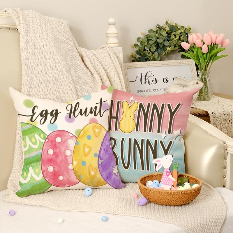 GEEORY Happy Easter Eggs Hello Peeps Throw Pillow Covers 18x18 Inch Set of 4, Hunny Bunny Polka Dots Spring Decorative Farmhouse Holiday Cushion Case for Home Decoration G687-18 - Image 5