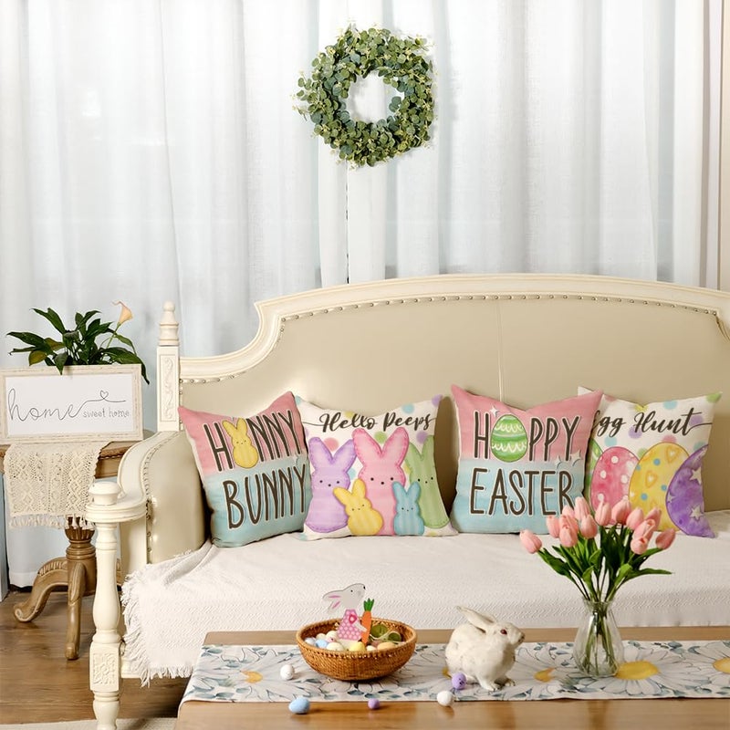 GEEORY Happy Easter Eggs Hello Peeps Throw Pillow Covers 18x18 Inch Set of 4, Hunny Bunny Polka Dots Spring Decorative Farmhouse Holiday Cushion Case for Home Decoration G687-18 - Image 4