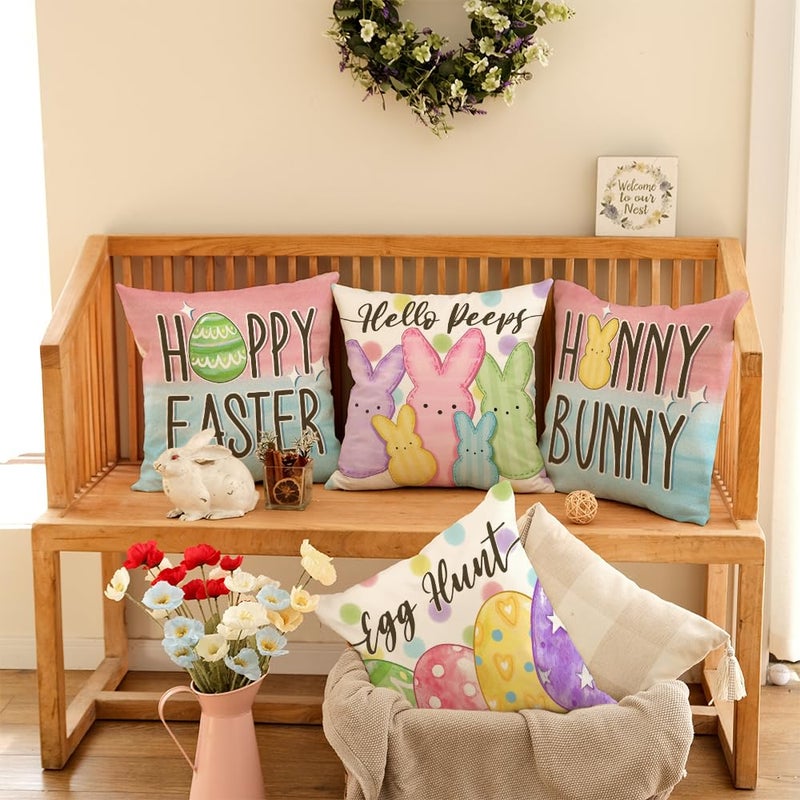 GEEORY Happy Easter Eggs Hello Peeps Throw Pillow Covers 18x18 Inch Set of 4, Hunny Bunny Polka Dots Spring Decorative Farmhouse Holiday Cushion Case for Home Decoration G687-18 - Image 2