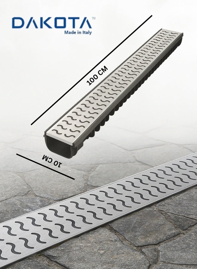 Dakota Floor Channel Grating | Stainless Steel Drainage Channel Gratting with Plastic Bottom Trunch for Kitchen, Water Rain Storm, Wet Room, Garden and  all Indoor and Out Door Spaces (1Mtr Length ) 100x10 Poly Plastic and Stainless Steel Grating, Loading A-125(1.5 Ton)-Made in Italy - Image 1