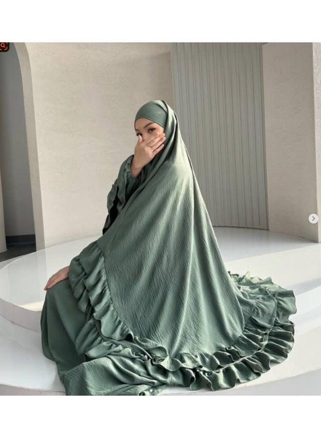 مجموعة رداء مسلم بلمسات منفوش وشال رأس أنيق لستر الجسم وملابس الصلاة العصرية، تشمل الفستان والشال الرأس - Image 3