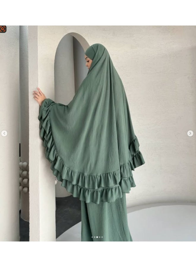 مجموعة رداء مسلم بلمسات منفوش وشال رأس أنيق لستر الجسم وملابس الصلاة العصرية، تشمل الفستان والشال الرأس - Image 1
