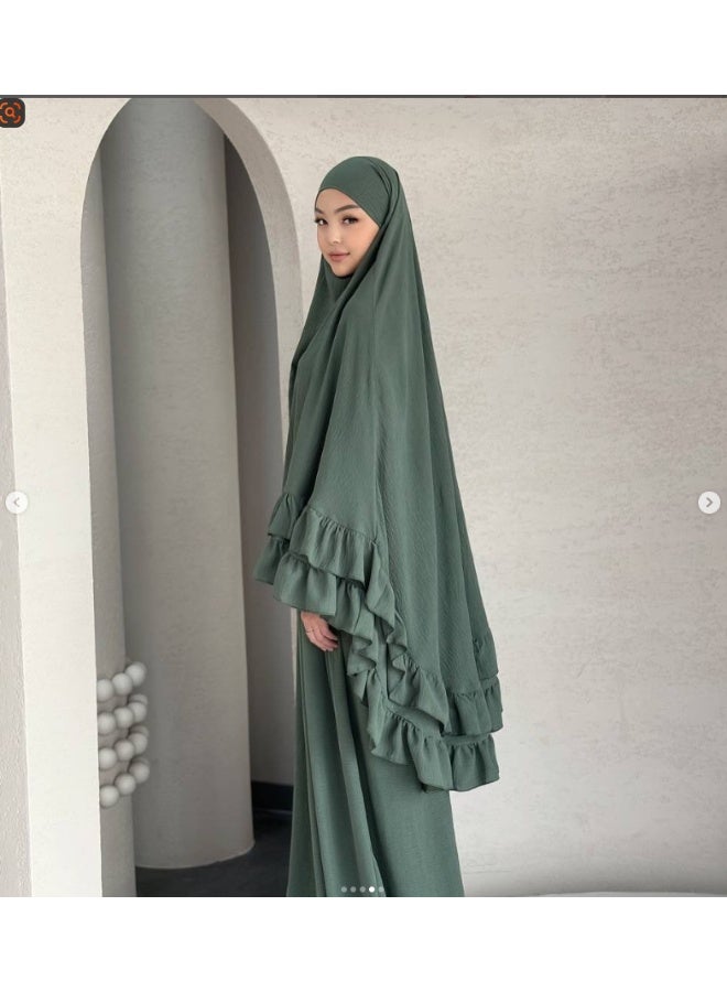 مجموعة رداء مسلم بلمسات منفوش وشال رأس أنيق لستر الجسم وملابس الصلاة العصرية، تشمل الفستان والشال الرأس - Image 2