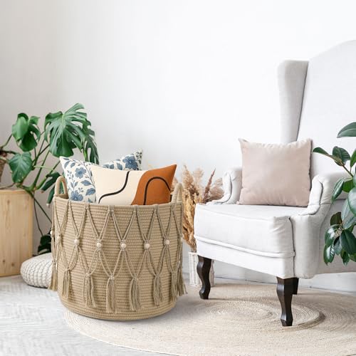 HOSROOME Blanket Basket for Living Room Decor Storage Basket for Toy Organizer Boho Decor Baskets for Modern Farmhouse Decor Small Laundry Basket for Bedroom and Laundry Room Organization,Beige - Image 5