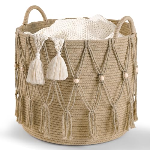 HOSROOME Blanket Basket for Living Room Decor Storage Basket for Toy Organizer Boho Decor Baskets for Modern Farmhouse Decor Small Laundry Basket for Bedroom and Laundry Room Organization,Beige - Image 1