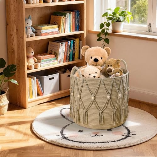 HOSROOME Blanket Basket for Living Room Decor Storage Basket for Toy Organizer Boho Decor Baskets for Modern Farmhouse Decor Small Laundry Basket for Bedroom and Laundry Room Organization,Beige - Image 3