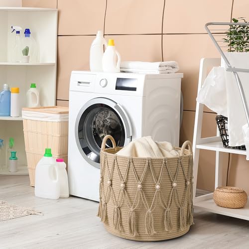 HOSROOME Blanket Basket for Living Room Decor Storage Basket for Toy Organizer Boho Decor Baskets for Modern Farmhouse Decor Small Laundry Basket for Bedroom and Laundry Room Organization,Beige - Image 4