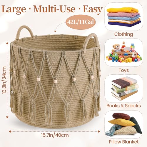 HOSROOME Blanket Basket for Living Room Decor Storage Basket for Toy Organizer Boho Decor Baskets for Modern Farmhouse Decor Small Laundry Basket for Bedroom and Laundry Room Organization,Beige - Image 2