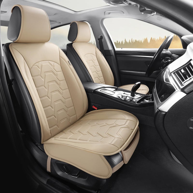 hoozoom Leather car Seat Covers Breathable Car Seat Protector Front seat Covers Universal Fit for 95% Car Truck SUV Van Vehicles ï¼ˆBeigeï¼Œ2PCSï¼‰ - Image 2
