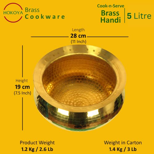 HOKOYA Brass Handi for Cooking (5 Litre Water Capacity) | Mirror Finish Bowl | Light Weight Brass Cookware | Utensils for Kitchen Cooking Pot | Indian Kitchenware | Gift for Home Chefs - Image 2