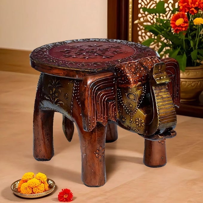 Wood Elephant Stool Showpiece Decorative Items Figurine For Home DecorationLiving Room Decor Color Copper 4826 Centimeters 25 Centimeters Cream