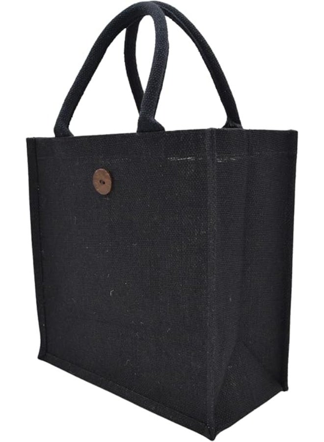 12 PIECES - Black Jute Tote Bag with/without Wooden Button, Reusable Shopping Bag with Double Handles (With Button) 30 X 30 X 15 - Image 1