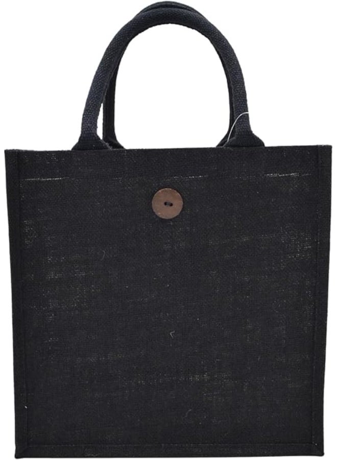 12 PIECES - Black Jute Tote Bag with/without Wooden Button, Reusable Shopping Bag with Double Handles (With Button) 30 X 30 X 15 - Image 2