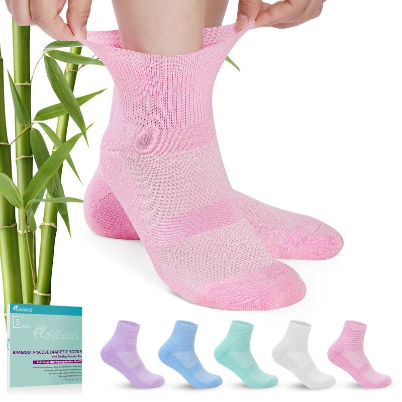 Revosoxs Diabetic Socks for Men Women,5 Pairs Bamboo Viscose Diabetic Ankle Socks for Women,Non-Binding Diabetic Socks 7-9 9-11(Pure-Medium) - Image 1