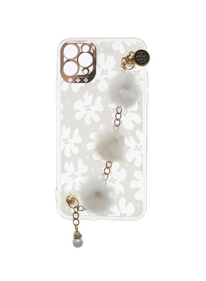 transparent design with white flowers and fluffy white pom-poms For iPhone 11 Pro Max - White CFSBAT3-1547 - Image 1