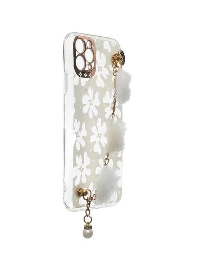 transparent design with white flowers and fluffy white pom-poms For iPhone 11 Pro Max - White CFSBAT3-1547 - Image 2