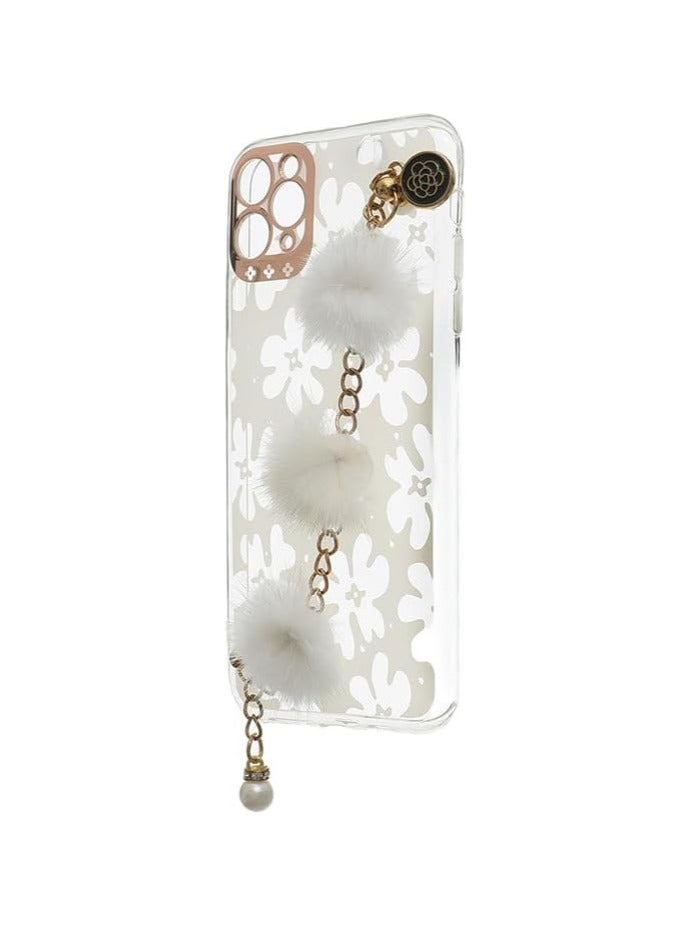 transparent design with white flowers and fluffy white pom-poms For iPhone 11 Pro Max - White CFSBAT3-1547 - Image 3