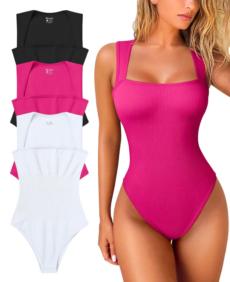 OQQ Women's 3 Piece Bodysuits Sexy Ribbed Strappy Square Neck Sleeveless Tummy Control Tank Tops Bodysuits Black Rose3 White - Image 1