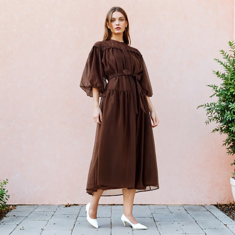 تواكستريمز 2Xtremz Sheer Tiered Midi Dress with Mandarin Collar