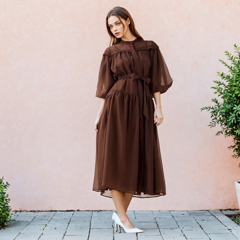 تواكستريمز 2Xtremz Sheer Tiered Midi Dress with Mandarin Collar