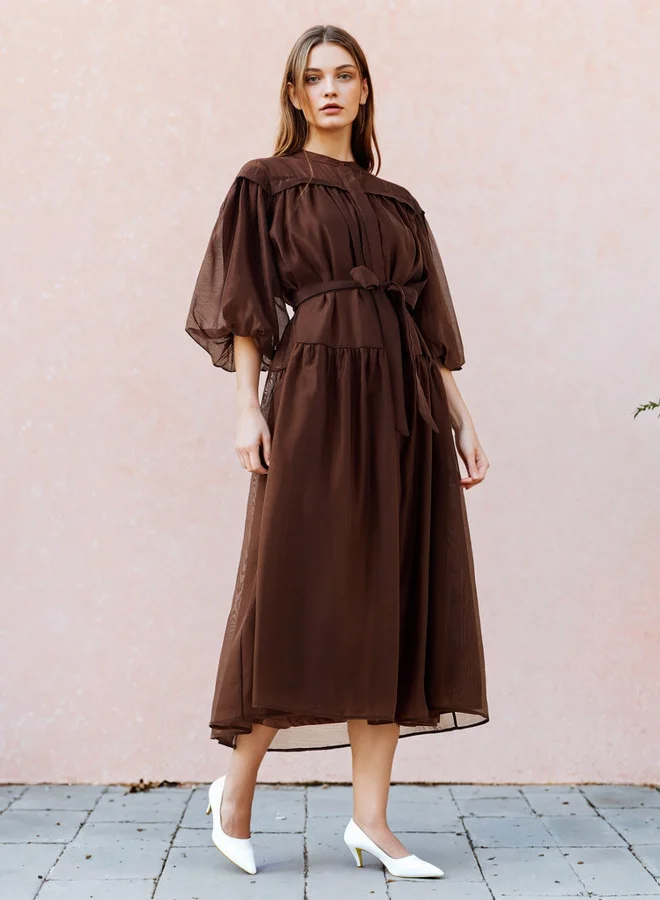 2Xtremz 2Xtremz Sheer Tiered Midi Dress with Mandarin Collar