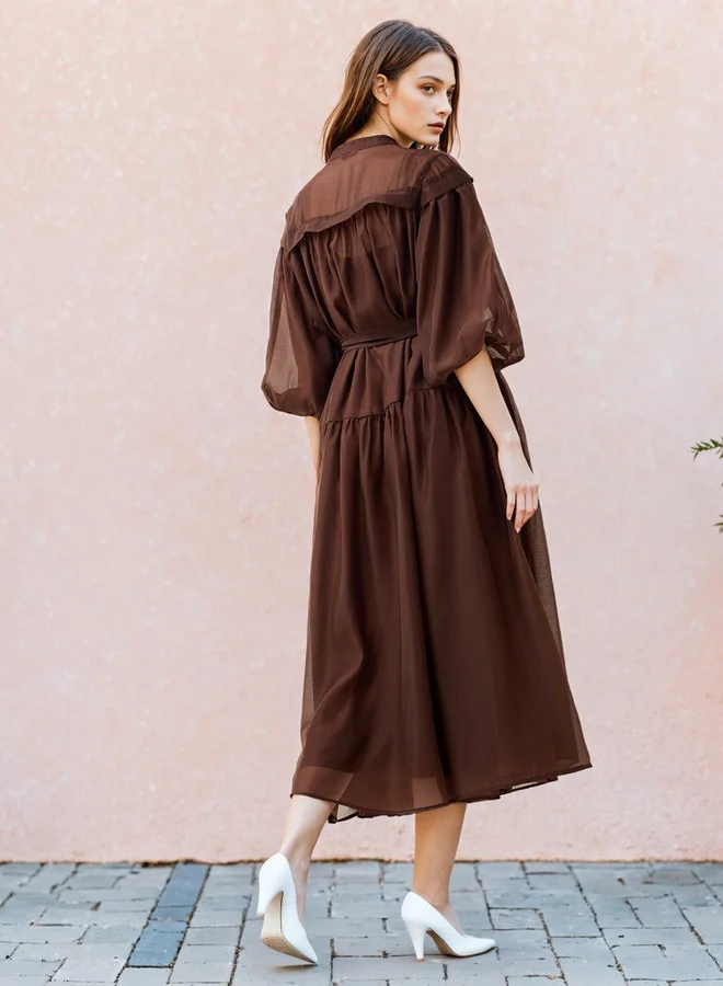 2Xtremz 2Xtremz Sheer Tiered Midi Dress with Mandarin Collar