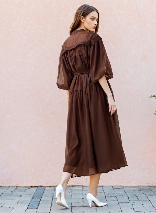 تواكستريمز فستان ميدي شفاف بطبقات وياقة ماندرين من - Image 3