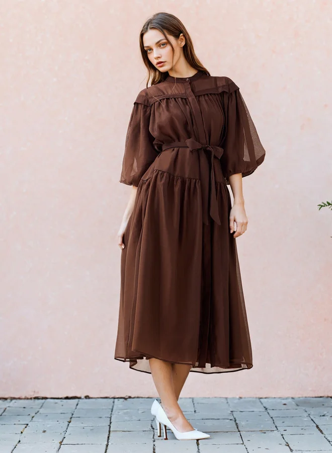 2Xtremz 2Xtremz Sheer Tiered Midi Dress with Mandarin Collar