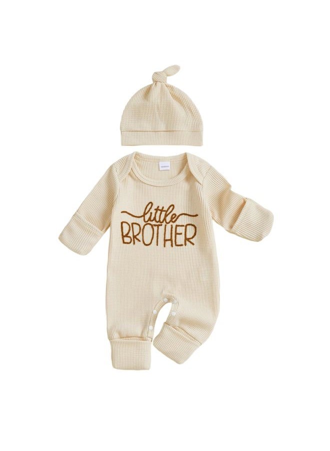allshope Newborn Baby Boy Fall Outfit Romper Little Brother Long Sleeve Onesie Jumpsuit Bodysuit Infant Winter Waffle Clothes, Color Apricot, 0-3 months - Image 1