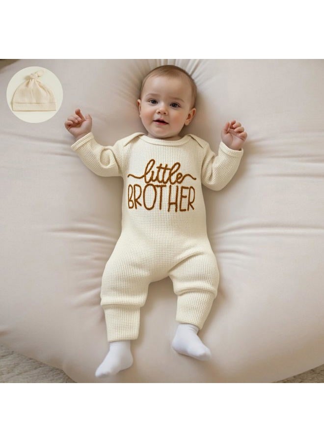 allshope Newborn Baby Boy Fall Outfit Romper Little Brother Long Sleeve Onesie Jumpsuit Bodysuit Infant Winter Waffle Clothes, Color Apricot, 0-3 months - Image 5