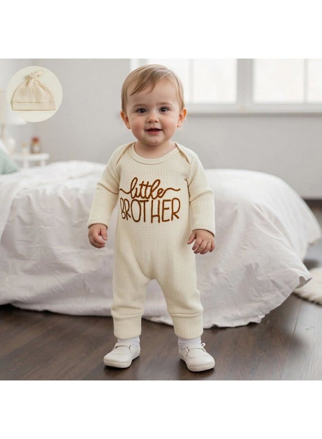 allshope Newborn Baby Boy Fall Outfit Romper Little Brother Long Sleeve Onesie Jumpsuit Bodysuit Infant Winter Waffle Clothes, Color Apricot, 0-3 months - Image 3