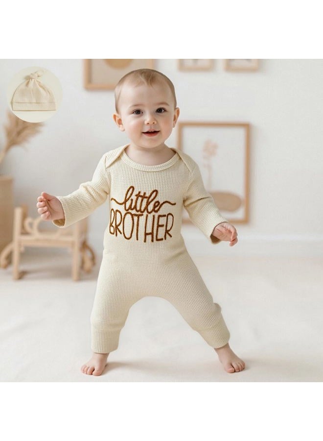 allshope Newborn Baby Boy Fall Outfit Romper Little Brother Long Sleeve Onesie Jumpsuit Bodysuit Infant Winter Waffle Clothes, Color Apricot, 0-3 months - Image 4