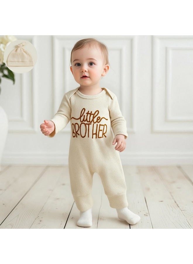 allshope Newborn Baby Boy Fall Outfit Romper Little Brother Long Sleeve Onesie Jumpsuit Bodysuit Infant Winter Waffle Clothes, Color Apricot, 0-3 months - Image 2