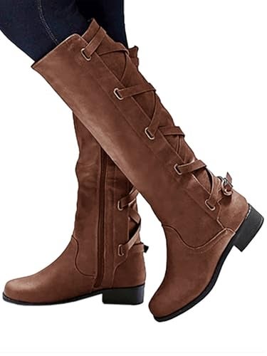 Syktkmx Womens Strappy Motorcycle Knee High Boots Winter Lace Up Riding Flat Low Heel Shoes - Image 3