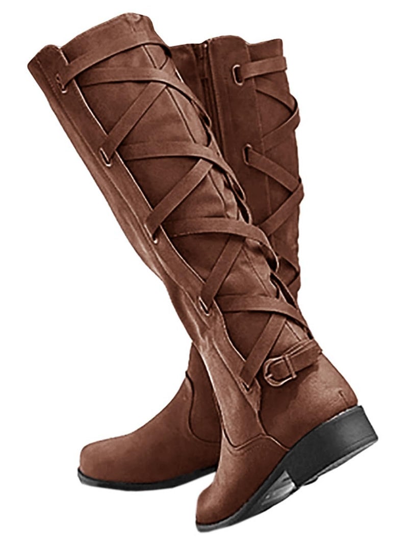 Syktkmx Womens Strappy Motorcycle Knee High Boots Winter Lace Up Riding Flat Low Heel Shoes - Image 2