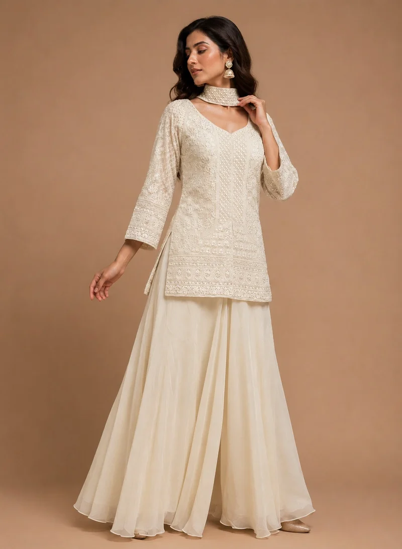 Lehar Women's off-white georgette fullsleeves kurta with flared sharara pants