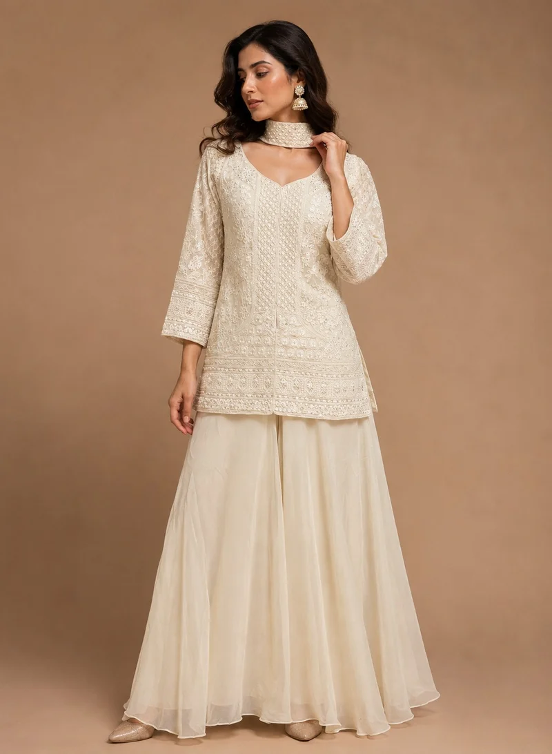 Lehar  Women's off-white georgette fullsleeves kurta with flared sharara pants for Women | Best Price UAE