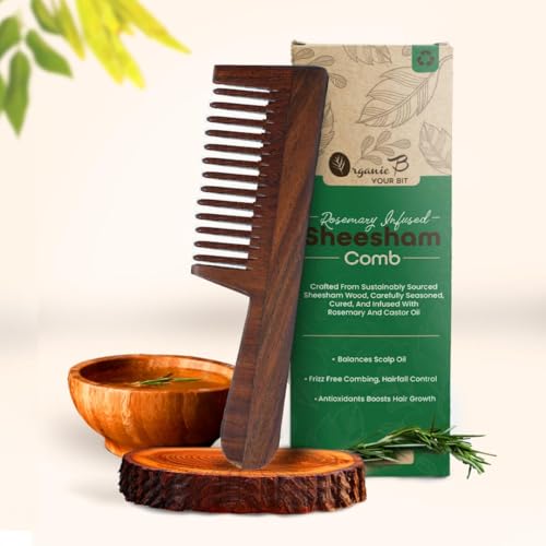 Organic B Rosemary Infused Sheesham Rosewood Wooden Straight Handle Comb for Curly Thick Hair, Fine & Wide Teeth Detangling Hair Comb, Helps Reduce Frizz, Scalp Massage Styling Tool for Women Men, Natural Daily Care Accessory - Image 2