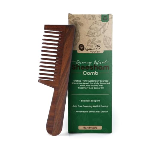 Organic B Rosemary Infused Sheesham Rosewood Wooden Straight Handle Comb for Curly Thick Hair, Fine & Wide Teeth Detangling Hair Comb, Helps Reduce Frizz, Scalp Massage Styling Tool for Women Men, Natural Daily Care Accessory - Image 1
