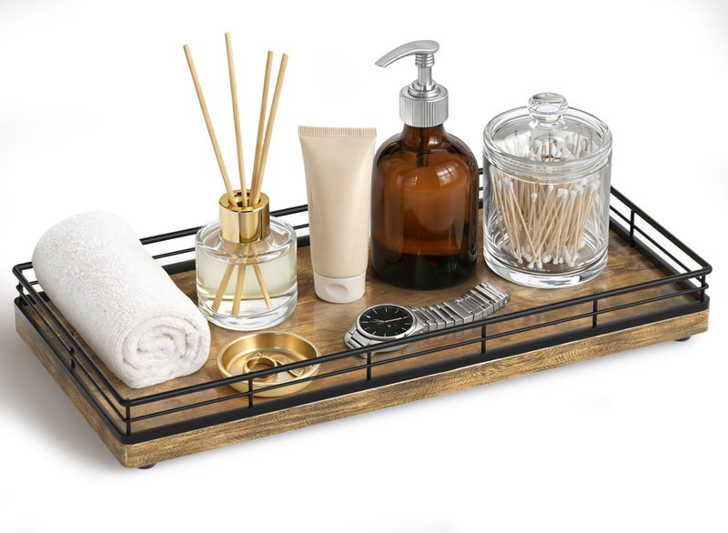 Focusonit Bathroom Vanity Tray – 12" x 6" Decorative Wooden Tray for Toilet Tank Organizer Wood Tray for Bathroom Countertop, Soap, Perfume & Accessories Storage Vanity Dresser Decor Black & Rustic Brown - Image 1