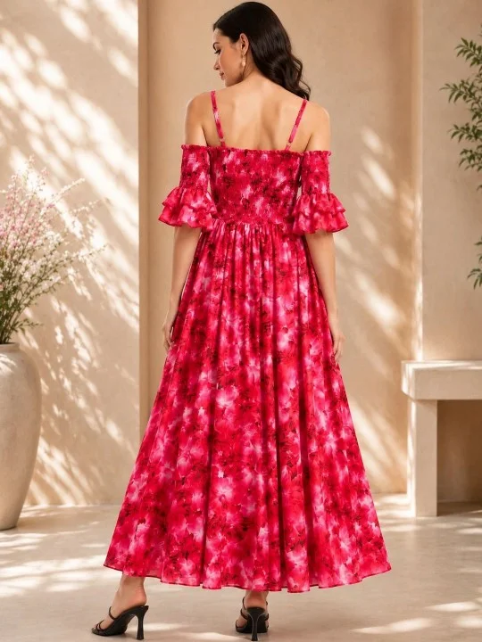Panit Panit Floral Off-Shoulder Smocked Maxi Dress -Red