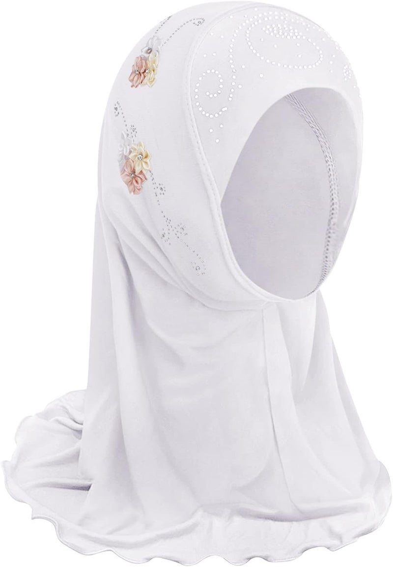 NICEYST Girls Ice Silk Muslim Khimar Hijab Headscarf Flower Arab Scarf Shawls Neck Wrap Islamic Head Wrap for Age 2-7 Years - Image 1