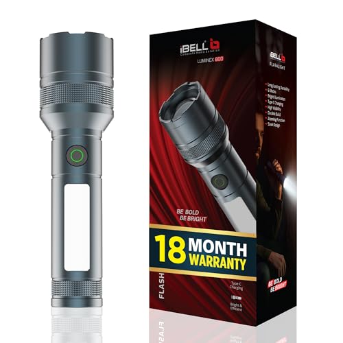 IBELL LUMINEX 800 Rechargeable Torch Light High Power, 6 Light Modes, Telescopic Zoom, Type C Charging, LED Flashlight, Super Bright & Long Distance Range, for Home, Outdoor & Emergency Use (Grey) - Image 1