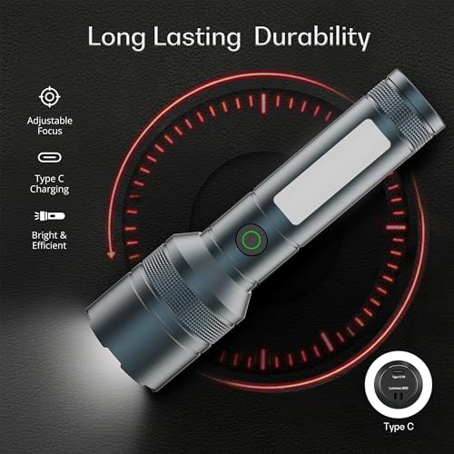 IBELL LUMINEX 800 Rechargeable Torch Light High Power, 6 Light Modes, Telescopic Zoom, Type C Charging, LED Flashlight, Super Bright & Long Distance Range, for Home, Outdoor & Emergency Use (Grey) - Image 5