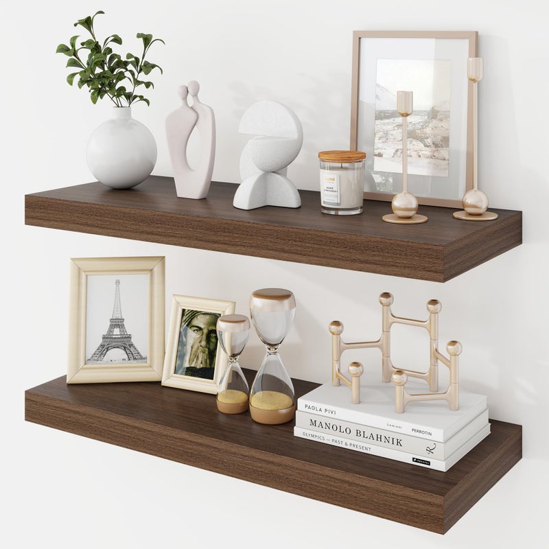 Acovy 24 Inch Floating Shelves, 9.3" Deep Floating Shelf Wall Mounted, 24" Wall Shelves, Rustic Deep Bookshelf, Large Display Shelves & Storage Shelves for Bedroom, Living Room, Walnut, Set of 2 - Image 1