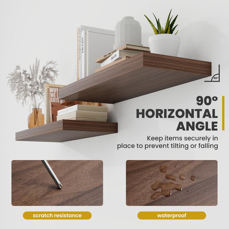 Acovy 24 Inch Floating Shelves, 9.3" Deep Floating Shelf Wall Mounted, 24" Wall Shelves, Rustic Deep Bookshelf, Large Display Shelves & Storage Shelves for Bedroom, Living Room, Walnut, Set of 2 - Image 5